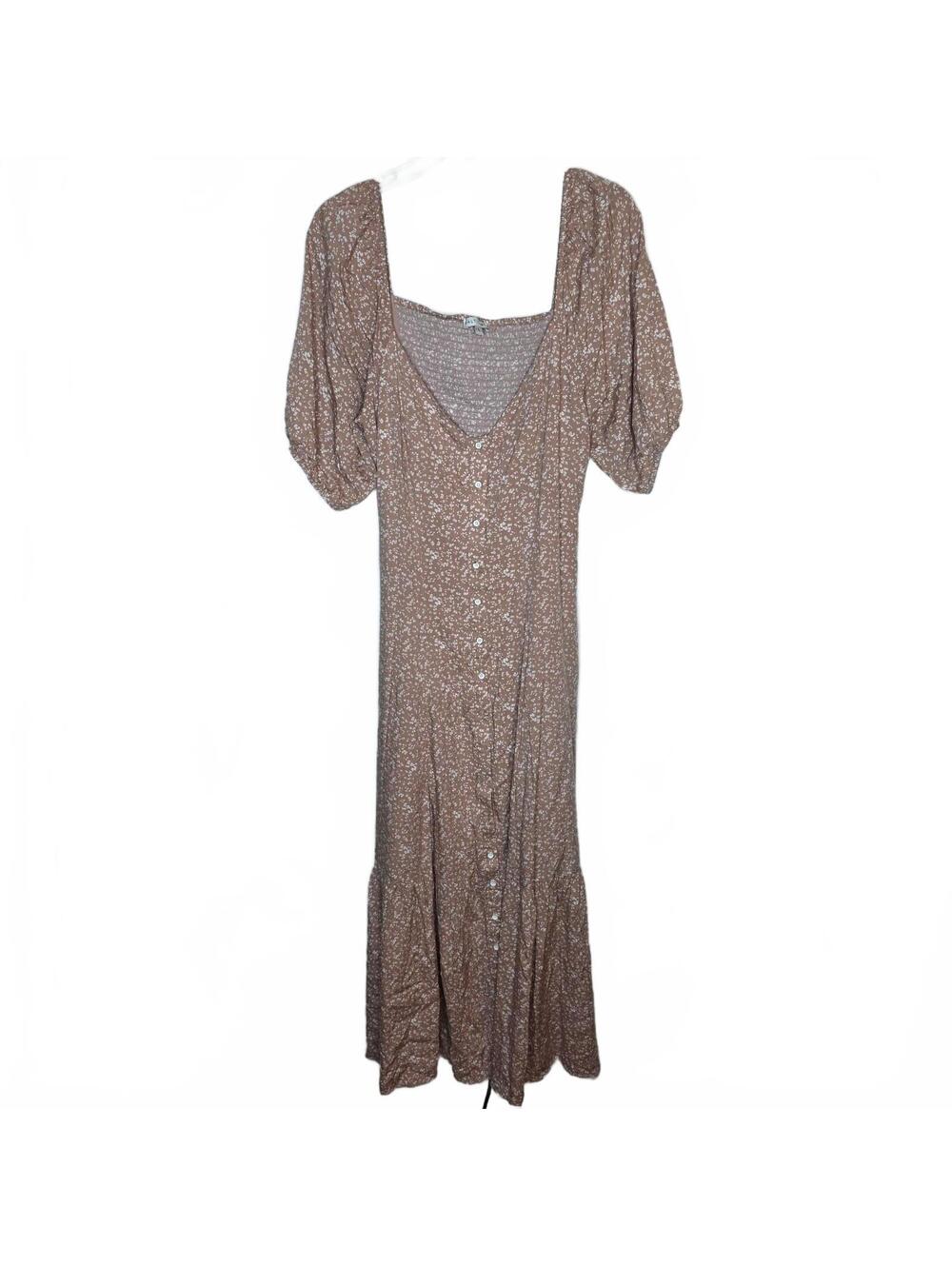 BALTICBORN Brown Floral Button-Front Midi Dress with Puff Sleeves Size L - Picture 1 of 8
